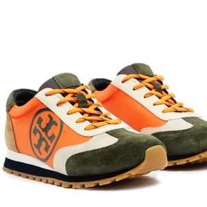 New Tory Burch Annie Nylon Runner sneakers in natural suede & orange. Size 8